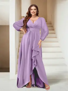 A-Line/Princess V-Neck Asymmetrical Plus Size Bridesmaid Dresses with Split Side — view 1