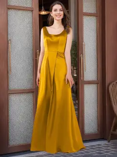 A-Line/Princess Square Sleeveless Floor-Length Satin Bridesmaid Dresses with Bowknot — view 1