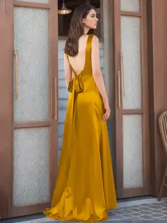A-Line/Princess Square Sleeveless Floor-Length Satin Bridesmaid Dresses with Bowknot — view 2