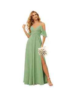 A-Line/Princess Spaghetti Straps Sleeveless Floor Length Bridesmaid Dresses Chiffon with Ruffles Split — view 2