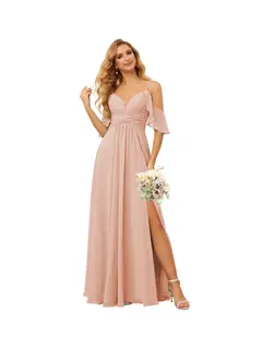 A-Line/Princess Spaghetti Straps Sleeveless Floor Length Bridesmaid Dresses Chiffon with Ruffles Split — view 3