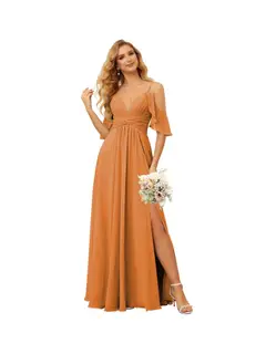 A-Line/Princess Spaghetti Straps Sleeveless Floor Length Bridesmaid Dresses Chiffon with Ruffles Split — view 4