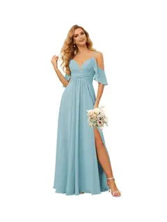 A-Line/Princess Spaghetti Straps Sleeveless Floor Length Bridesmaid Dresses Chiffon with Ruffles Split — view 7