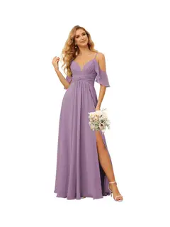A-Line/Princess Spaghetti Straps Sleeveless Floor Length Bridesmaid Dresses Chiffon with Ruffles Split — view 8