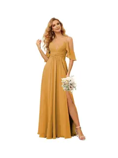 A-Line/Princess Spaghetti Straps Sleeveless Floor Length Bridesmaid Dresses Chiffon with Ruffles Split — view 11