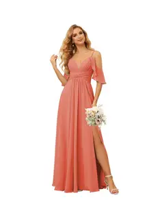 A-Line/Princess Spaghetti Straps Sleeveless Floor Length Bridesmaid Dresses Chiffon with Ruffles Split — view 13