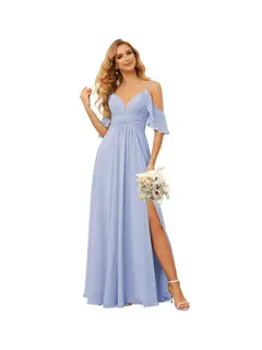 A-Line/Princess Spaghetti Straps Sleeveless Floor Length Bridesmaid Dresses Chiffon with Ruffles Split — view 16