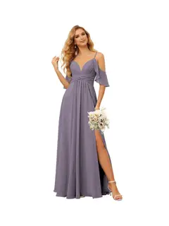 A-Line/Princess Spaghetti Straps Sleeveless Floor Length Bridesmaid Dresses Chiffon with Ruffles Split — view 17