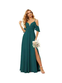A-Line/Princess Spaghetti Straps Sleeveless Floor Length Bridesmaid Dresses Chiffon with Ruffles Split — view 18