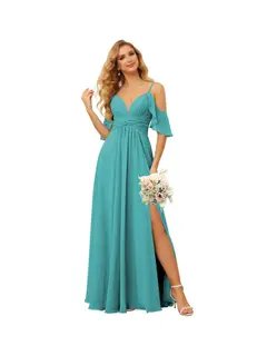 A-Line/Princess Spaghetti Straps Sleeveless Floor Length Bridesmaid Dresses Chiffon with Ruffles Split — view 21