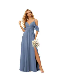 A-Line/Princess Spaghetti Straps Sleeveless Floor Length Bridesmaid Dresses Chiffon with Ruffles Split — view 23