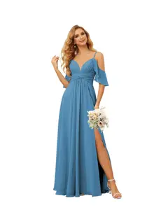A-Line/Princess Spaghetti Straps Sleeveless Floor Length Bridesmaid Dresses Chiffon with Ruffles Split — view 24