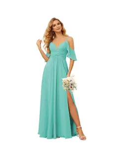 A-Line/Princess Spaghetti Straps Sleeveless Floor Length Bridesmaid Dresses Chiffon with Ruffles Split — view 25