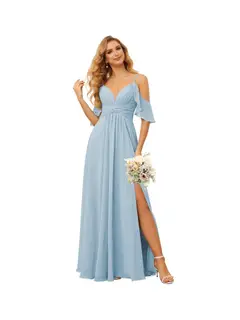 A-Line/Princess Spaghetti Straps Sleeveless Floor Length Bridesmaid Dresses Chiffon with Ruffles Split — view 26