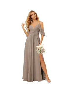 A-Line/Princess Spaghetti Straps Sleeveless Floor Length Bridesmaid Dresses Chiffon with Ruffles Split — view 27