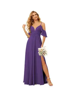 A-Line/Princess Spaghetti Straps Sleeveless Floor Length Bridesmaid Dresses Chiffon with Ruffles Split — view 30