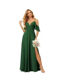 A-Line/Princess Spaghetti Straps Sleeveless Floor Length Bridesmaid Dresses Chiffon with Ruffles Split — view 31