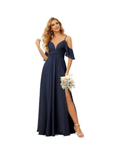 A-Line/Princess Spaghetti Straps Sleeveless Floor Length Bridesmaid Dresses Chiffon with Ruffles Split — view 32