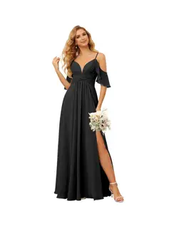 A-Line/Princess Spaghetti Straps Sleeveless Floor Length Bridesmaid Dresses Chiffon with Ruffles Split — view 33