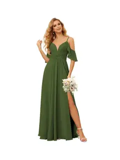 A-Line/Princess Spaghetti Straps Sleeveless Floor Length Bridesmaid Dresses Chiffon with Ruffles Split — view 34