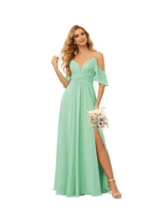 A-Line/Princess Spaghetti Straps Sleeveless Floor Length Bridesmaid Dresses Chiffon with Ruffles Split — view 37