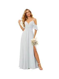 A-Line/Princess Spaghetti Straps Sleeveless Floor Length Bridesmaid Dresses Chiffon with Ruffles Split — view 39