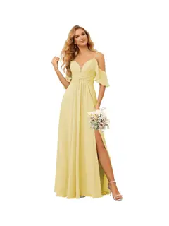 A-Line/Princess Spaghetti Straps Sleeveless Floor Length Bridesmaid Dresses Chiffon with Ruffles Split — view 40