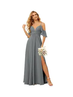 A-Line/Princess Spaghetti Straps Sleeveless Floor Length Bridesmaid Dresses Chiffon with Ruffles Split — view 41