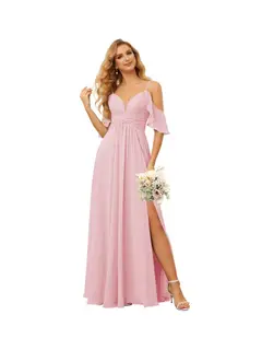 A-Line/Princess Spaghetti Straps Sleeveless Floor Length Bridesmaid Dresses Chiffon with Ruffles Split — view 42