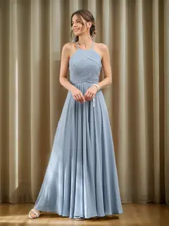A-Line/Princess Halter Sleeveless Floor-Length Chiffon Bridesmaid Dresses with Ruched — view 1