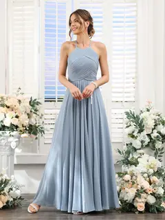 A-Line/Princess Halter Sleeveless Floor-Length Chiffon Bridesmaid Dresses with Ruched — view 2