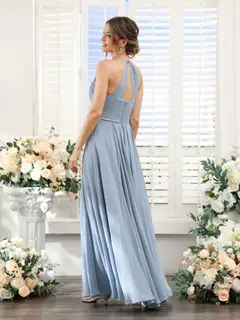 A-Line/Princess Halter Sleeveless Floor-Length Chiffon Bridesmaid Dresses with Ruched — view 3
