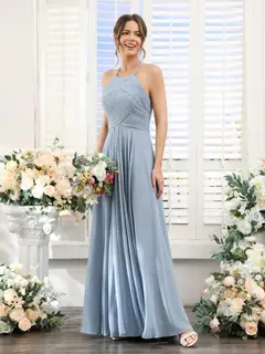 A-Line/Princess Halter Sleeveless Floor-Length Chiffon Bridesmaid Dresses with Ruched — view 4