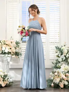 A-Line/Princess Halter Sleeveless Floor-Length Chiffon Bridesmaid Dresses with Ruched — view 5