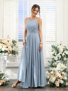 A-Line/Princess Halter Sleeveless Floor-Length Chiffon Bridesmaid Dresses with Ruched — view 6