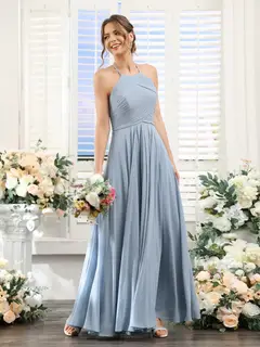 A-Line/Princess Halter Sleeveless Floor-Length Chiffon Bridesmaid Dresses with Ruched — view 7