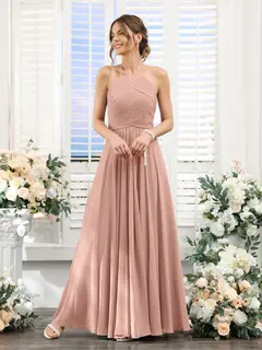 A-Line/Princess Halter Sleeveless Floor-Length Chiffon Bridesmaid Dresses with Ruched — view 8