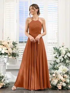 A-Line/Princess Halter Sleeveless Floor-Length Chiffon Bridesmaid Dresses with Ruched — view 9