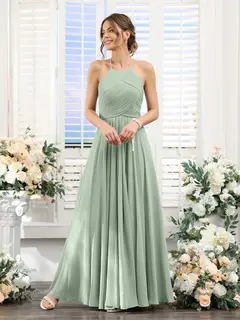 A-Line/Princess Halter Sleeveless Floor-Length Chiffon Bridesmaid Dresses with Ruched — view 10