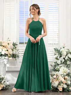 A-Line/Princess Halter Sleeveless Floor-Length Chiffon Bridesmaid Dresses with Ruched — view 11