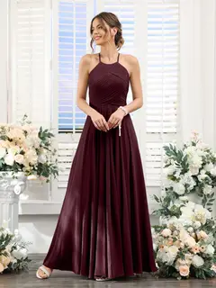 A-Line/Princess Halter Sleeveless Floor-Length Chiffon Bridesmaid Dresses with Ruched — view 12