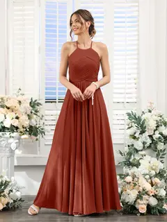 A-Line/Princess Halter Sleeveless Floor-Length Chiffon Bridesmaid Dresses with Ruched — view 13