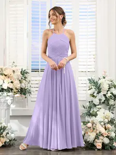A-Line/Princess Halter Sleeveless Floor-Length Chiffon Bridesmaid Dresses with Ruched — view 14