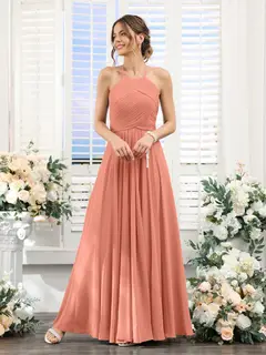 A-Line/Princess Halter Sleeveless Floor-Length Chiffon Bridesmaid Dresses with Ruched — view 15