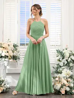 A-Line/Princess Halter Sleeveless Floor-Length Chiffon Bridesmaid Dresses with Ruched — view 16