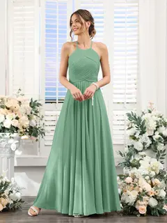 A-Line/Princess Halter Sleeveless Floor-Length Chiffon Bridesmaid Dresses with Ruched — view 17