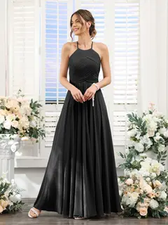 A-Line/Princess Halter Sleeveless Floor-Length Chiffon Bridesmaid Dresses with Ruched — view 18