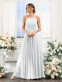 A-Line/Princess Halter Sleeveless Floor-Length Chiffon Bridesmaid Dresses with Ruched — view 19