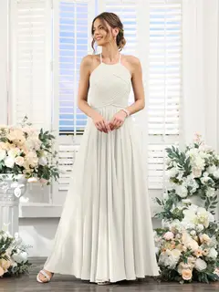 A-Line/Princess Halter Sleeveless Floor-Length Chiffon Bridesmaid Dresses with Ruched — view 21