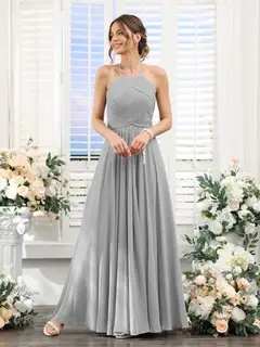 A-Line/Princess Halter Sleeveless Floor-Length Chiffon Bridesmaid Dresses with Ruched — view 22